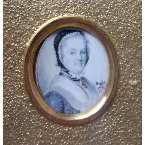 1054 - *WITHDRAWN* JOHN BOGLE (SCOTTISH C.1746-1803)LADY WIN LACE CAP WEARING A LEAF BROOCHMiniature, signe... 