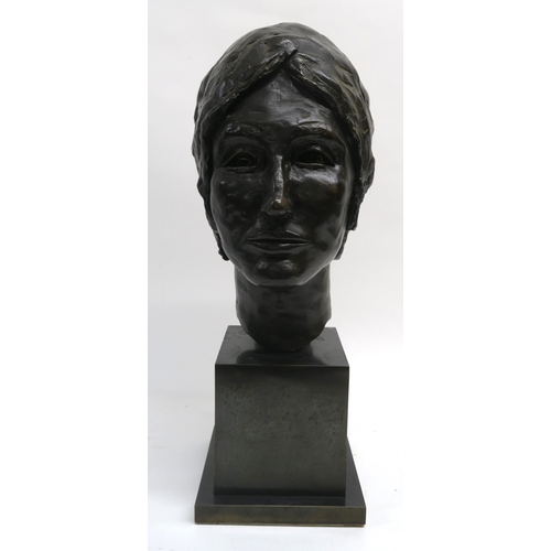 1057 - SCOTTISH SCHOOLFEMALE HEAD WITH A BOW IN HER HAIR Bronze, 51cm high (inc plinth), 34cm (head)&n... 