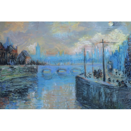 1068 - KATHLEEN FOX (IRISH 1880-1963)GRATTAN'S BRIDGE AT SUNSET, DUBLINPastel on paper, signed lower right,... 