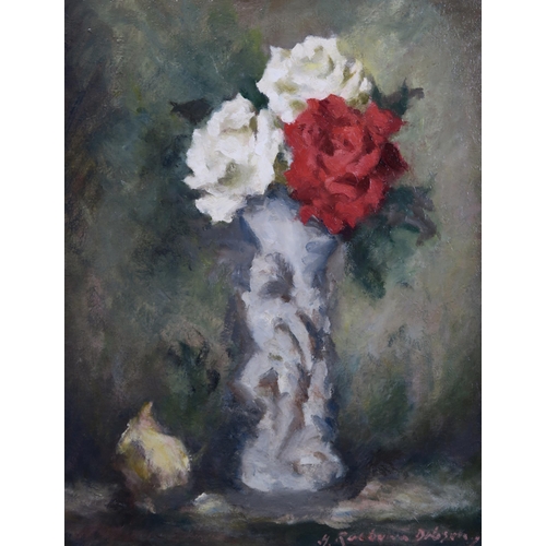 1074 - HENRY RAEBURN DOBSON (SCOTTISH 1901-1985)ROSES IN A FIGURINE VASEOil on canvas, signed, 46 x 35.5cm ... 