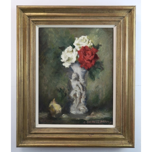 1074 - HENRY RAEBURN DOBSON (SCOTTISH 1901-1985)ROSES IN A FIGURINE VASEOil on canvas, signed, 46 x 35.5cm ... 