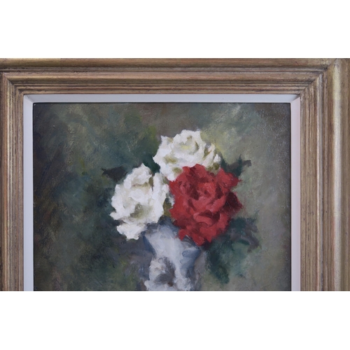 1074 - HENRY RAEBURN DOBSON (SCOTTISH 1901-1985)ROSES IN A FIGURINE VASEOil on canvas, signed, 46 x 35.5cm ... 