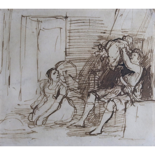 1082 - SIR DAVID WILKIE RSA (SCOTTISH 1785-1841)STUDY FOR THE HIGHLANDER'S RETURNBrown pen and ink on paper... 