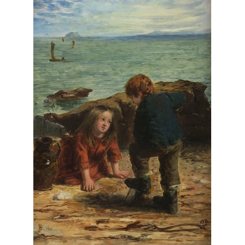 1083 - JOHN P BURR RBA ROI ARWS (SCOTTISH 1831-1893)DIGGING FOR BAITOil on panel, signed monogram and dated... 