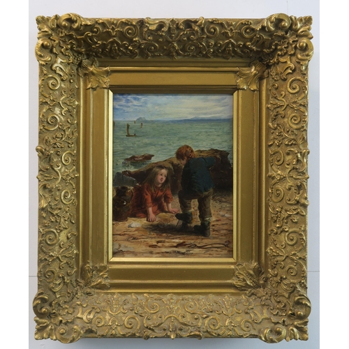 1083 - JOHN P BURR RBA ROI ARWS (SCOTTISH 1831-1893)DIGGING FOR BAITOil on panel, signed monogram and dated... 