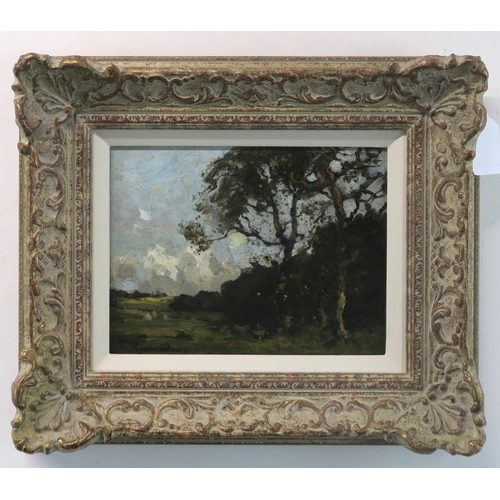 1091 - JAMES TAYLOR BROWN (SCOTTISH 1868-1923)LANDSCAPE WITH TREES AND HAYSTACKSOil on panel, signed, 16 x ... 