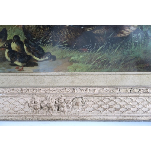 1103 - E BARNES (BRITISH 19TH CENTURY)PAIR OF DUCKS WITH DUCKLINGSOil on panel board, signed and dated 1868... 