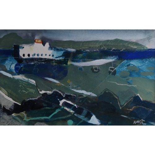 1114 - HAZEL NAGL RSW RGI PAI (SCOTTISH b.1953) HIGHLAND FERRY Mixed media, signed lower right, 15 x 24cm (... 