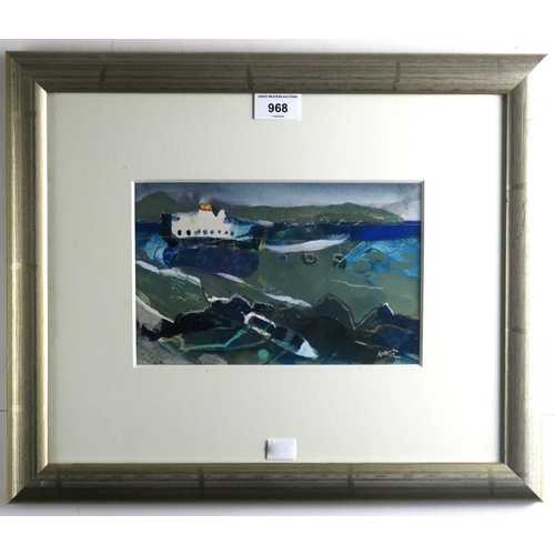 1114 - HAZEL NAGL RSW RGI PAI (SCOTTISH b.1953) HIGHLAND FERRY Mixed media, signed lower right, 15 x 24cm (... 