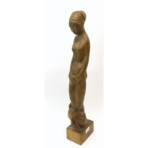 1118 - BRITISH SCHOOL STANDING FEMALE NUDE WITH A CAT AT HER FEET Wood carving, 69cm (high)... 