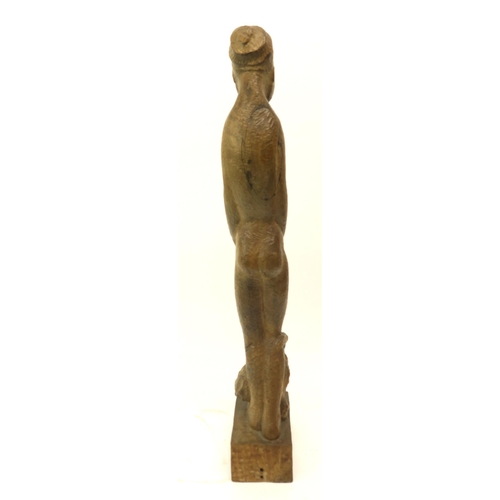 1118 - BRITISH SCHOOL STANDING FEMALE NUDE WITH A CAT AT HER FEET Wood carving, 69cm (high)... 