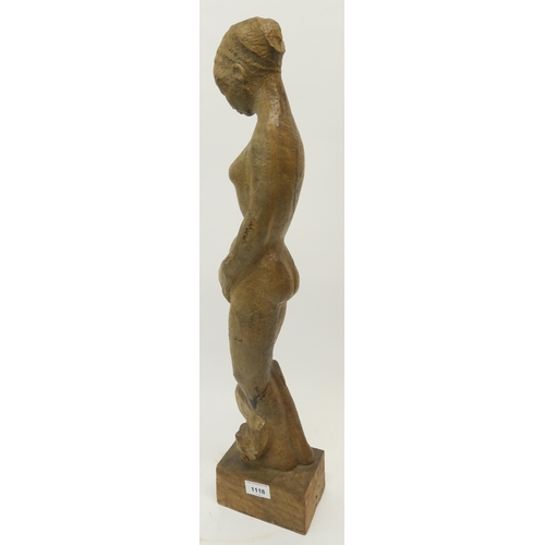 1118 - BRITISH SCHOOL STANDING FEMALE NUDE WITH A CAT AT HER FEET Wood carving, 69cm (high)... 