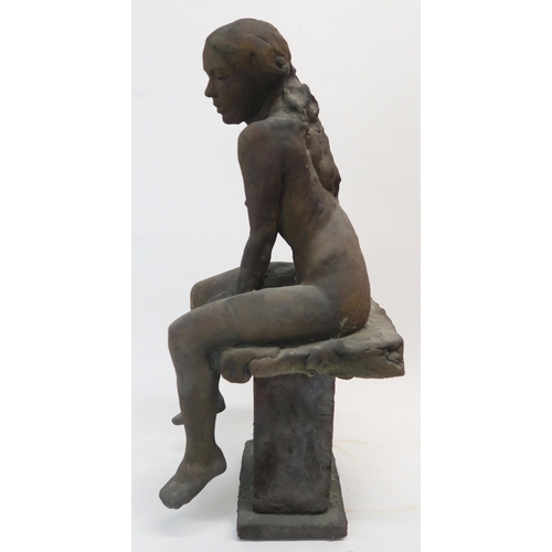 1125 - WALTER AWLSON (SCOTTISH b.1949)NUDE SEATED FEMALE ON PLINTH Bisque stoneware, signed, dated (1992), ... 