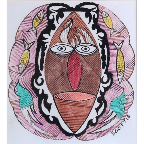 955 - SCOTTIE WILSON (SCOTTISH 1889-1972)TRIBAL FACE WITH FISH AND BIRDSPen and ink on paper, signed lower... 