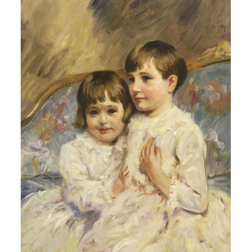 962 - JAMES MCBEY LLD (SCOTTISH 1883-1959)PORTRAIT OF YOUNG SISTERS - 1927 Oil on canvas, signed upper rig... 