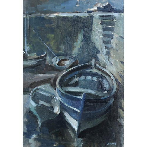 963 - ERNEST BURNETT HOOD (1932-1988)BOATS IN A HARBOUR Oil on canvas panel, signed lower right, 34 x 24cm... 