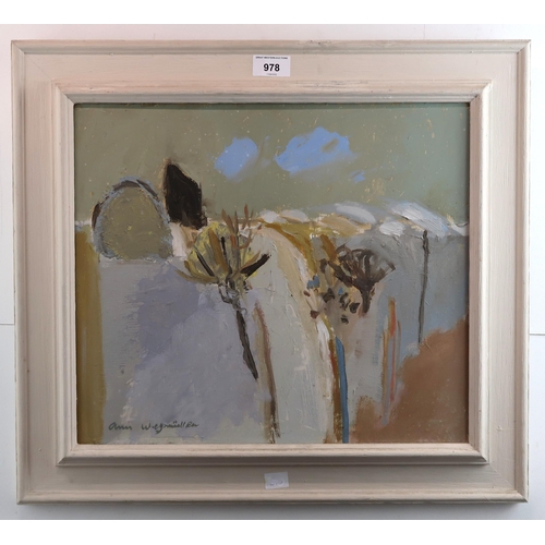 978 - ANN WEGMULLER (SCOTTISH b.1941)ABSTRACT LANDSCAPE Oil on board, signed lower left, 34 x 39cm (13.25 ... 