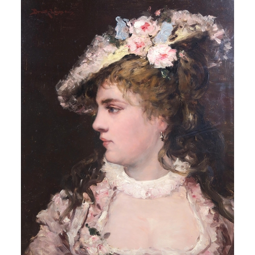 986 - LUDWIG BRUCK-LAJOS (HUNGARIAN 1846-1910)YOUNG LADY IN A FLORAL BONNET, PARISOil on panel, signed and... 