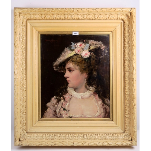 986 - LUDWIG BRUCK-LAJOS (HUNGARIAN 1846-1910)YOUNG LADY IN A FLORAL BONNET, PARISOil on panel, signed and... 