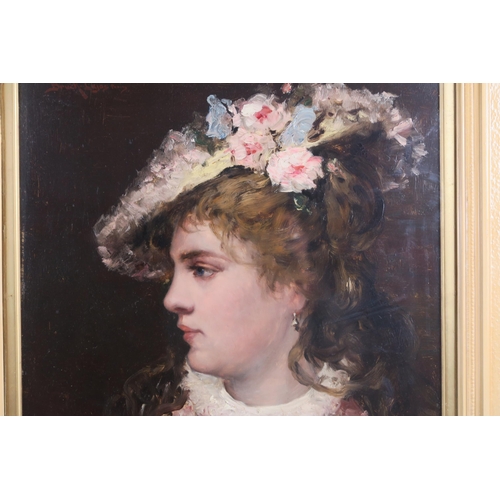 986 - LUDWIG BRUCK-LAJOS (HUNGARIAN 1846-1910)YOUNG LADY IN A FLORAL BONNET, PARISOil on panel, signed and... 