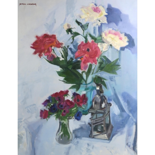 987 - NORMAN KIRKHAM RGI (SCOTTISH 1936-2021)ROSES AND POPPIESOil on canvas, signed upper left, 90 x 70cm ... 