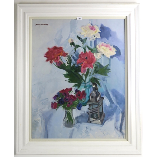 987 - NORMAN KIRKHAM RGI (SCOTTISH 1936-2021)ROSES AND POPPIESOil on canvas, signed upper left, 90 x 70cm ... 