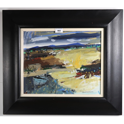 993 - HAMISH MACDONALD (SCOTTISH 1935-2008) LANDSCAPE WITH BOAT Mixed media, signed lower right, 32 x 39cm... 