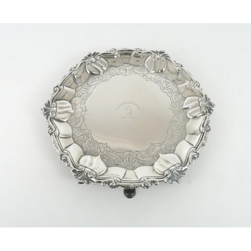 455 - A GEORGE III SCOTTISH SILVER WAITERof hexagonal form, with engraved scrolling foliage borders, the c... 