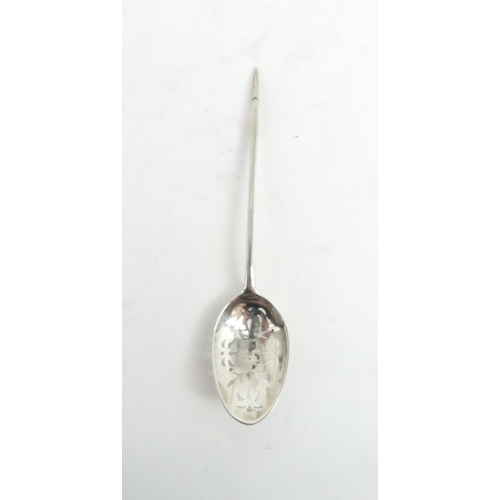 486 - A GEORGE III IRISH SILVER MOTE SPOONwith pierced bowl and pointed finial, makers mark MS, c.1780's, ... 