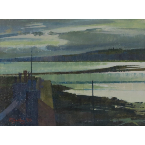 1000 - ERIC HUNTLEY RSW (SCOTTISH 1927-1992)TWEED SAND BAR - BRIGHT MORNING Oil on paper, signed lower... 