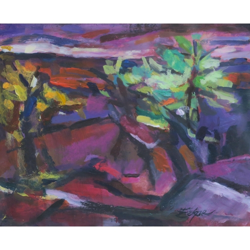 1024 - ANNETTE EDGAR (SCOTTISH) LANDSCAPE IN PURPLE, LANDSCAPE WITH FIGUREOil on board, signed lower r... 