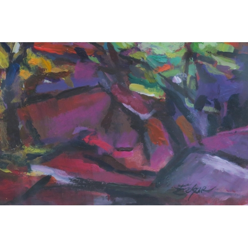 1024 - ANNETTE EDGAR (SCOTTISH) LANDSCAPE IN PURPLE, LANDSCAPE WITH FIGUREOil on board, signed lower r... 