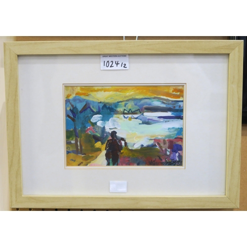 1024 - ANNETTE EDGAR (SCOTTISH) LANDSCAPE IN PURPLE, LANDSCAPE WITH FIGUREOil on board, signed lower r... 