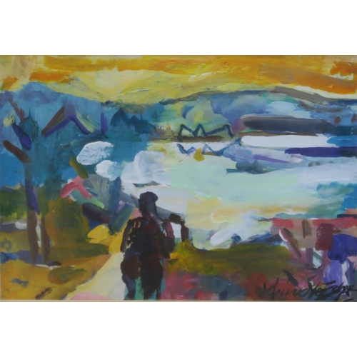 1024 - ANNETTE EDGAR (SCOTTISH) LANDSCAPE IN PURPLE, LANDSCAPE WITH FIGUREOil on board, signed lower r... 