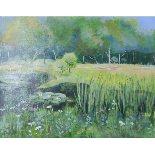 1033 - FIONA ROBERTSON (SCOTTISH CONTEMPORARY) LILLY POND, DUMFRIES HOUSE Mixed media on board, 39 x 49cm T... 