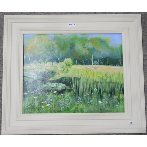 1033 - FIONA ROBERTSON (SCOTTISH CONTEMPORARY) LILLY POND, DUMFRIES HOUSE Mixed media on board, 39 x 49cm T... 