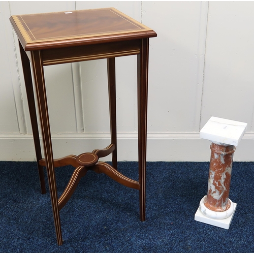 64 - A 20th century mahogany four drawer chest, square top occasional table and a marble pedestal (3)