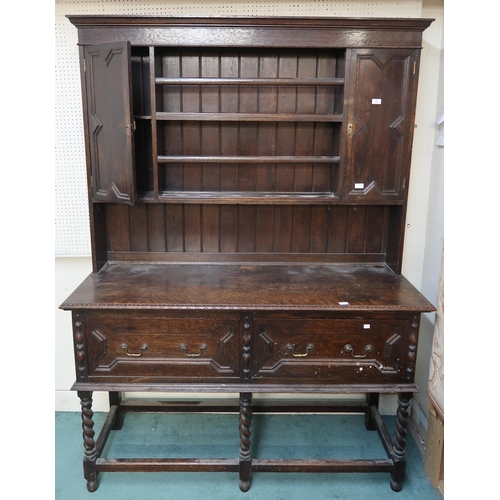 73 - An early 20th century oak Jacobean style kitchen dresser, 208cm high x 153cm wide x 50cm deep