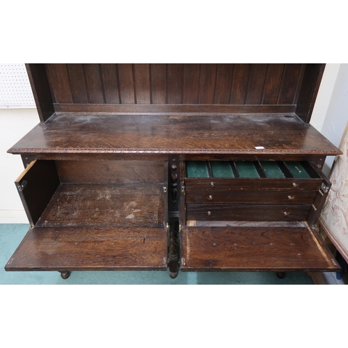 73 - An early 20th century oak Jacobean style kitchen dresser, 208cm high x 153cm wide x 50cm deep