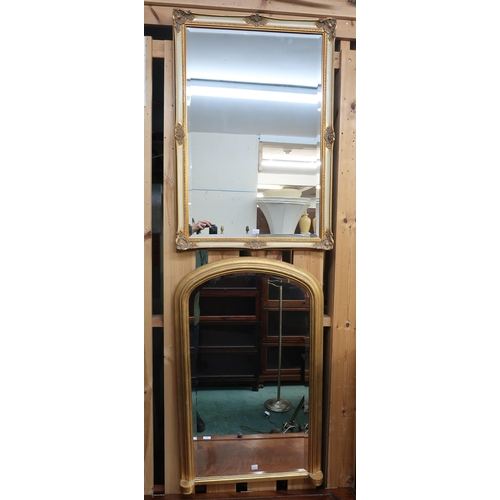 74 - A lot of two contemporary gilt framed bevelled glass wall mirrors and a mahogany two door cabinet (3... 