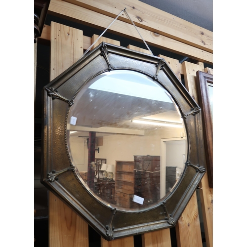 78 - An early 20th century brass octagonal framed wall mirror and a framed print of Glasgow in the 18th c... 