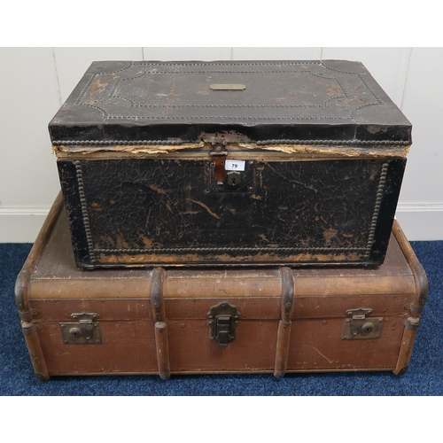 79 - A 19th century leather and metal bound travel trunk with engraved plaque 