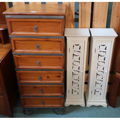 82 - A modern pine and steel six drawer chest and two modern white painted cabinets (3)