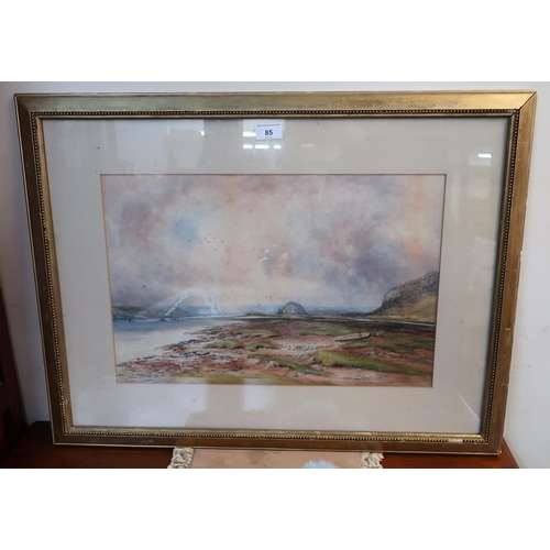 85 - A Victorian pine glazed bookcase and a gilt framed watercolour signed J. Alexander (2)