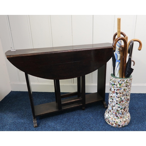 86 - A 20th century mahogany three drawers, an oak drop leaf table and a chimney pot with mosaic decorati... 