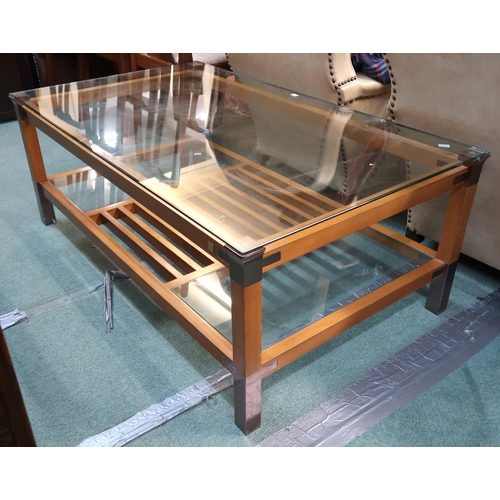 87 - A modern teak framed glazed coffee table, two reproduction drum top occasional tables, two dining ca... 