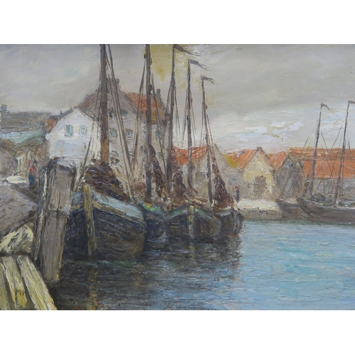 964 - BRITISH SCHOOL Fishing boats in port, monogrammed, oil on canvas, 30 x 40cm