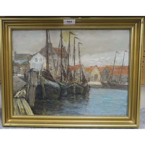 964 - BRITISH SCHOOL Fishing boats in port, monogrammed, oil on canvas, 30 x 40cm