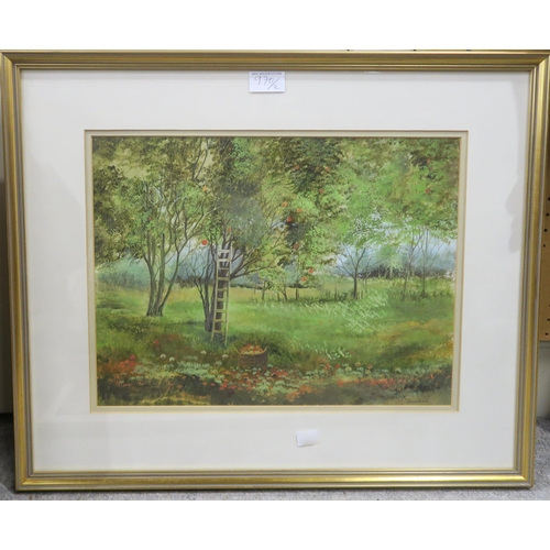 970 - JEANNE HARKSHORNE Apple orchard and another, signed, gouache, 30 x 40cm (2)