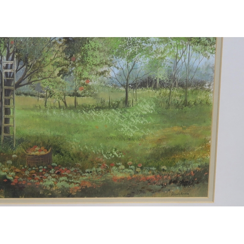 970 - JEANNE HARKSHORNE Apple orchard and another, signed, gouache, 30 x 40cm (2)